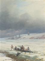 Ivan Aivazovsky  - Bilder Gemälde - Dragging a Horse Cart from an Ice Hole