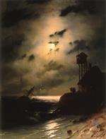 Ivan Aivazovsky  - Bilder Gemälde - Moonlit Seascape With Shipwreck