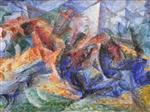 Umberto Boccioni - Bilder Gemälde - Pferd, Reiter und Häusergruppe