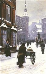 Paul Gustave Fischer - Bilder Gemälde - A Street Scene In Winter, Copenhagen