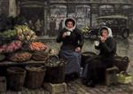 Paul Gustave Fischer  - Bilder Gemälde - Pausing with a cup of coffee Grønttorvet now Israels Plads Copenhagen