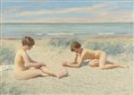 Bild:Solbadende kvinder på stranden