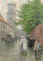 Paul Gustave Fischer  - Bilder Gemälde - Ung pige på cykel i Nørregade i baggrunden Domkirken