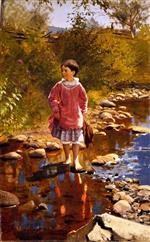 John George Brown  - Bilder Gemälde - Crossing the Brook