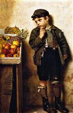 John George Brown  - Bilder Gemälde - Eying the Fruit Stand
