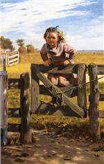 John George Brown  - Bilder Gemälde - Swinging on a Gate