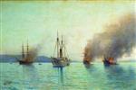 Lev Feliksovich Lagorio  - Bilder Gemälde - The Destruction of Turkish Ships in Bosphorus