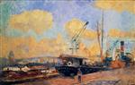 Albert Lebourg  - Bilder Gemälde - Steamers and Barges in the Port of Rouen, Sunset