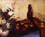 Bild:Still Life of Flowers in a Bowl, Fruit and a Glass Bottle