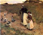 Willard Leroy Metcalf  - Bilder Gemälde - Old Woman with Child and Goose