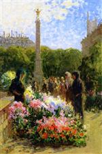 Pierre Eugène Montézin  - Bilder Gemälde - L'Île de la cité, La Fontaine du Palmier et le Marché aux Fleurs