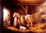 George Morland - Bilder Gemälde - A Farmer Paying the Ostler and Pot-Boy of an Inn