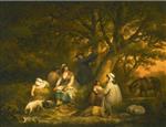 George Morland - Bilder Gemälde - A Woodland Landscape with Gypsies Encamped Below a Tree