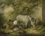 George Morland  - Bilder Gemälde - Farmyard Scene, A Donkey and Goats