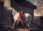 George Morland  - Bilder Gemälde - Grooming the Grey Mare