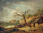 George Morland  - Bilder Gemälde - Lake Scene and a Cottage