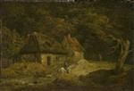 George Morland  - Bilder Gemälde - Landscape with a Horseman and Two Cottages