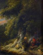George Morland  - Bilder Gemälde - Landscape with Gypsy Figures at a Fire in a Wood