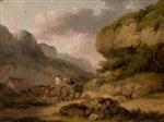 George Morland  - Bilder Gemälde - Landscape with Horses, Cart and Figures