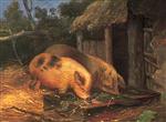 George Morland  - Bilder Gemälde - Pigs at a Trough