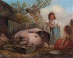 George Morland  - Bilder Gemälde - Pigs in a Farmyard