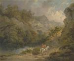 George Morland  - Bilder Gemälde - Rocky Landscape with Two Men on a Horse