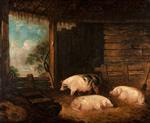 George Morland  - Bilder Gemälde - Three Pigs in a Byre