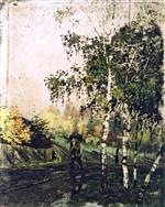 Bild:Birch Tress and Man Carrying Twigs