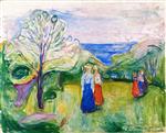 Edvard Munch  - Bilder Gemälde - Cherry Tree in Blossom and Young Girls in the Garden