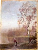 Edvard Munch  - Bilder Gemälde - Landscape with Woman Walking by a Lake
