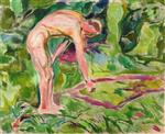 Edvard Munch  - Bilder Gemälde - Male Nude in the Woods Leaning Forwards