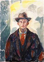 Edvard Munch  - Bilder Gemälde - Self-Portrait with Hat and Red Tie