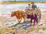 Edward Henry Potthast  - Bilder Gemälde - Man and Child on an Ox Cart