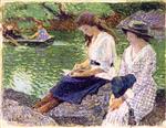 Edward Henry Potthast  - Bilder Gemälde - Reading by the Lake, Central Park