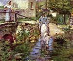 Theodore Robinson  - Bilder Gemälde - Pere Trognon and His Daughter at the Bridge