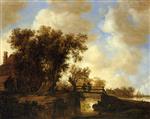 Jan van Goyen - Bilder Gemälde - A River Landscape with a Footbridte and Fishermen