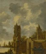 Jan van Goyen - Bilder Gemälde - A Town Wall by a River with Figures