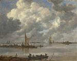 Jan van Goyen - Bilder Gemälde - An Estuary with Fishing Boats and Two Frigates