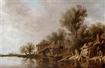 Jan van Goyen - Bilder Gemälde - Cottages and Fishermen by a River