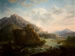 Jacob Philipp Hackert  - Bilder Gemälde - Mountainous Landscape with a Castle and Figures along a River
