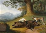 Jacob Philipp Hackert  - Bilder Gemälde - Two Views of a Dead Boar with a Mastiff and two other Dogs