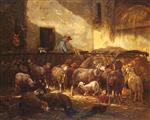 Charles Emile Jacque - Bilder Gemälde - A Flock Of Sheep In A Barn