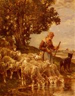 Charles Emile Jacque - Bilder Gemälde - A Shepardess Watering Her Flock