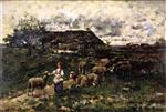 Charles Emile Jacque - Bilder Gemälde - A Shepherdess and Her Flock