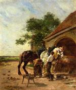 Charles Emile Jacque - Bilder Gemälde - Attending to the Horses