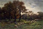 Charles Emile Jacque  - Bilder Gemälde - Sheperdess in a Forest at Dusk