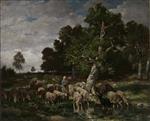 Charles Emile Jacque  - Bilder Gemälde - Sheperdess Watering Her Sheep