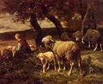 Charles Emile Jacque  - Bilder Gemälde - Shepherdess and Sheep