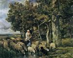 Charles Emile Jacque  - Bilder Gemälde - Shepherdess watering flock