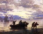 Eugene Boudin - Bilder Gemälde - A Coastal Scene with Fishing Boats in Normandy